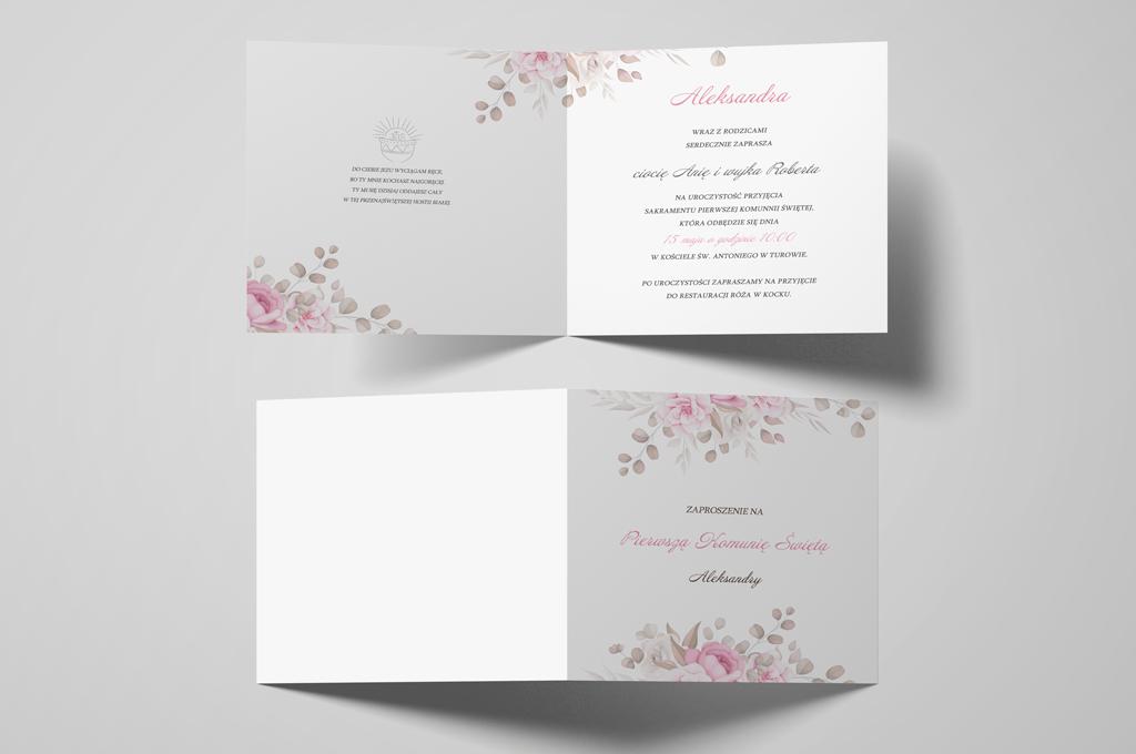 Zaproszenie na komunię Różowe kwiaty