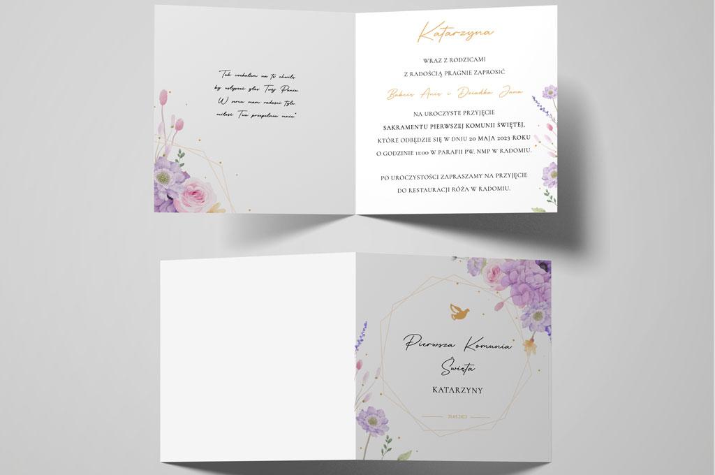Zaproszenie na Komunię Fioletowe kwiaty