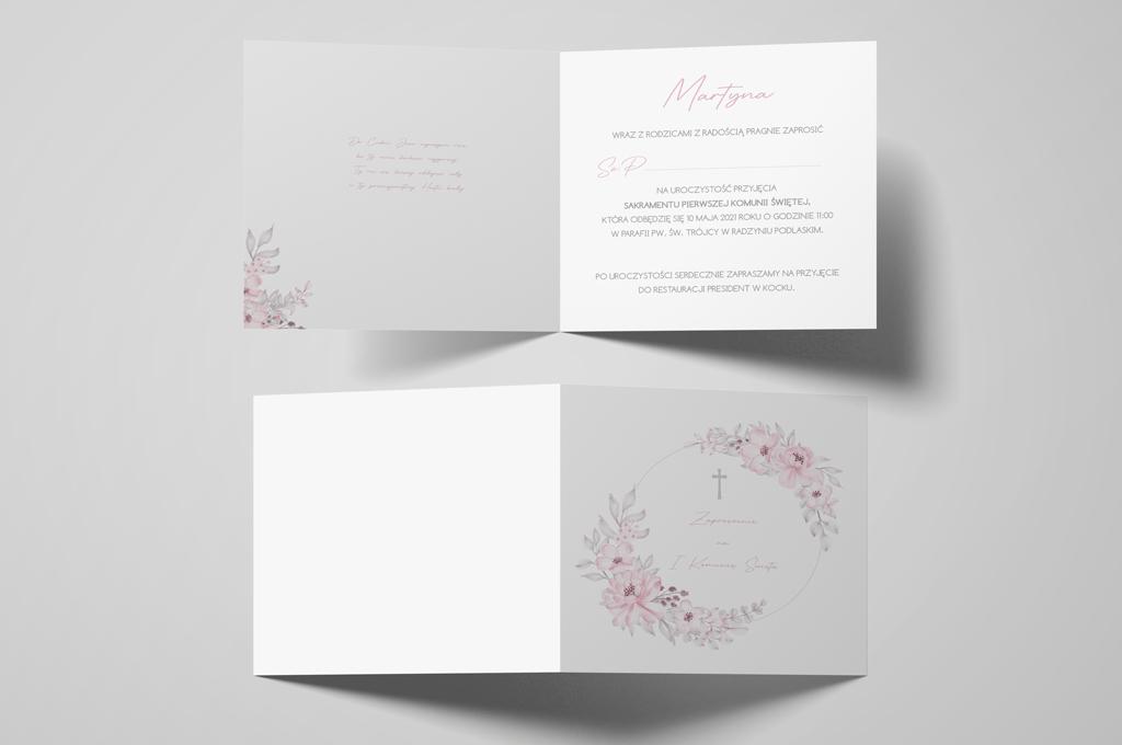 Zaproszenie na komunię Pink and gray flowers