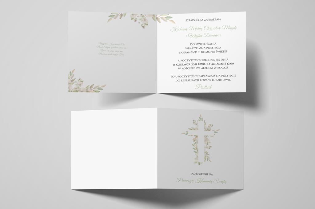 Zaproszenie na Komunię zielone listki